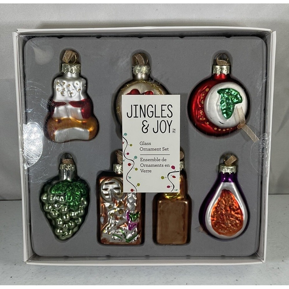 Set Of 7 JINGLES & JOY Miniature Glass Holiday Food And Drink Ornaments 2" Each